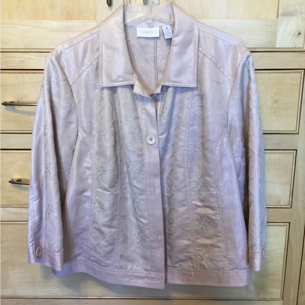 CHICO’S Light Pink Textured Linen size 4 (XXL=20) Blazer Jean jacket 3/4 sleeve - Picture 5 of 12
